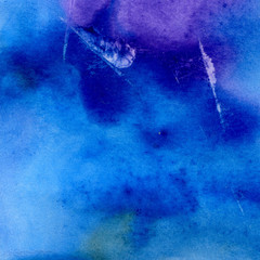 Watercolor illustration. Texture. Watercolor transparent stain. Blur, spray. Violet and blue.