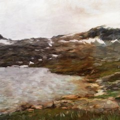 Digital mountains view oil painting with real brush strokes effect. Contemporary impressionism mixed style wall art print. Power of nature scene. Vacation postcards and prints design. Beauty artwork.