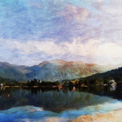 Digital mountains view oil painting with real brush strokes effect. Contemporary impressionism mixed style wall art print. Power of nature scene. Vacation postcards and prints design. Beauty artwork.
