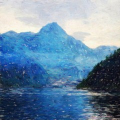 Digital mountains view oil painting with real brush strokes effect. Contemporary impressionism mixed style wall art print. Power of nature scene. Vacation postcards and prints design. Beauty artwork.