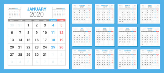 Calendar 2020 simple style on white background. Week starts on Monday.