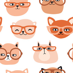 Funny cats with glasses seamless pattern