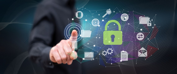 Man touching a network safety concept