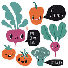 Cute cartoon smile vegetable characters with speech bubbles