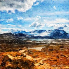 Digital mountains view oil painting with real brush strokes effect. Contemporary impressionism mixed style wall art print. Power of nature scene. Vacation postcards and prints design. Beauty artwork.