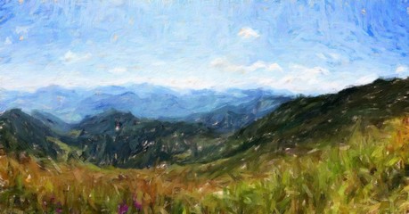 Digital mountains view oil painting with real brush strokes effect. Contemporary impressionism mixed style wall art print. Power of nature scene. Vacation postcards and prints design. Beauty artwork.