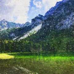 Fototapeta na wymiar Digital mountains view oil painting with real brush strokes effect. Contemporary impressionism mixed style wall art print. Power of nature scene. Vacation postcards and prints design. Beauty artwork.