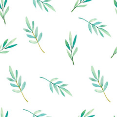 Watercolor seamless pattern watercolor hand painted leaves foliage inspired by garden greenery and plants. Hand painted foliage background for fabric textile or wallpaper.