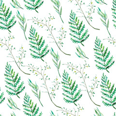 Seamless pattern with watercolor hand painted  leaves foliage inspired by garden greenery and plants. Hand painted foliage background for fabric textile or wallpaper.