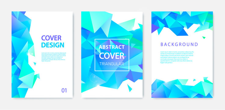 Vector set of triangle polygonal abstract background, facet crystal blue covers, flyers, brochures. Colorful gradient design.