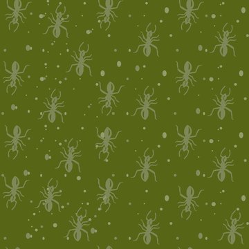 vector hand-drawn gray ants on a dark green background, seamless pattern with bread crumbs and sand.