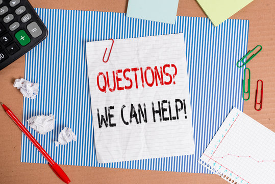 Text sign showing Questionsquestion We Can Help. Business photo showcasing offering help to those who wants to know Striped paperboard notebook cardboard office study supplies chart paper