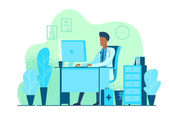 The doctor works at the table. Online doctor. Vector illustration