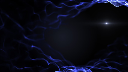 Abstract fluid space background. Bright blue smooth texture on black backdrop. Light blurred white blick is inside the waves.