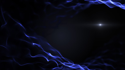 Abstract fluid, liquid background. Bright blue shapes on black backdrop. Light blurred white blick is inside the waves.
