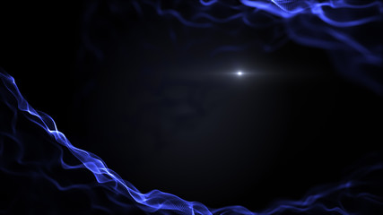 Abstract fluid space background. Bright blue smooth texture on black backdrop. Light blurred white blick is inside the waves.