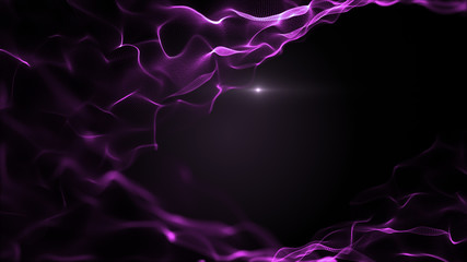 Abstract fluid space background. Bright violet, purple smooth texture on black backdrop. Light blurred white blick is inside the waves.