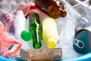 Eco concept, Recyclable garbage consisting of glass, plastic, metal and paper.