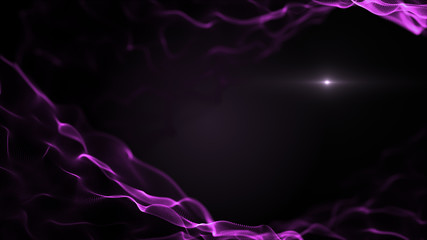 Abstract fluid space background. Bright violet, purple smooth texture on black backdrop. Light blurred white blick is inside the waves.