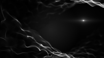 Abstract fluid, liquit background. Crystal white shapes on black backdrop. Light blurred white blick is inside the waves.