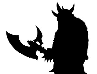Orc with ax. Fantasy silhouette drawing. Barbarian creature illustration.