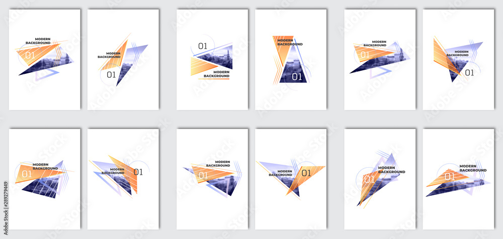 Wall mural brochure design set. flyer layout template. modern triangles background. vector presentation slide. 