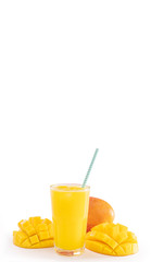 Fresh tropical mango juice with beautiful diced pulp and striped paper straw isolated on white background table, close up, cut out, clipping path.