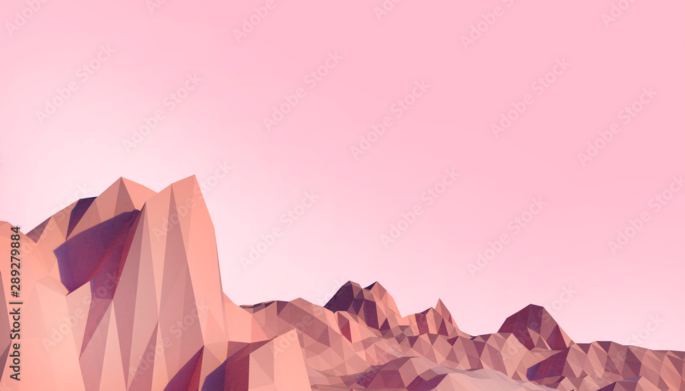 Poster geometric mountain low poly landscape art concept minimal with colorful red background - 3d renderin