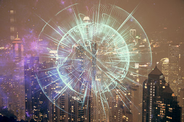 Double exposure of business theme hologram drawing and city veiw background. Concept of success.
