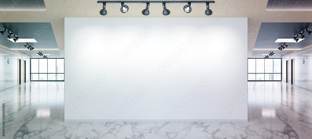 Poster blank wall in marble and wooden office mockup with large windows and sun passing through 3d renderin