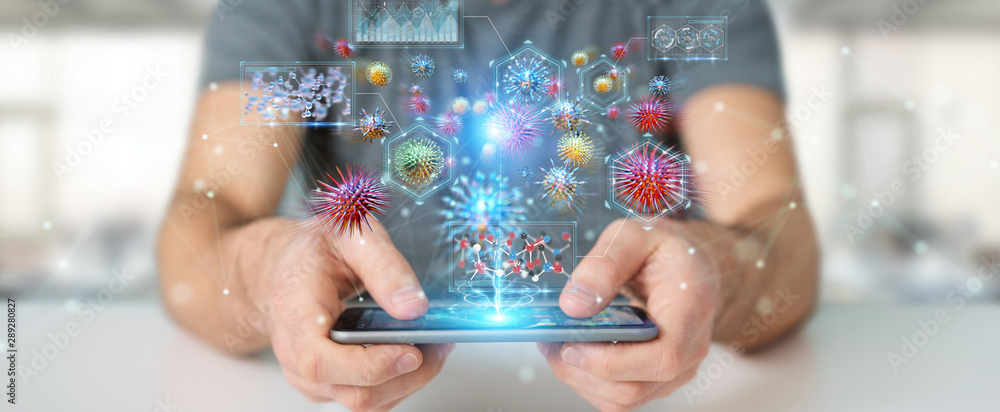 Poster businessman analyzing bacteria microscopic close-up 3d rendering