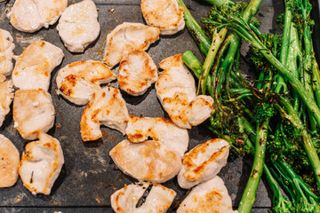 top view of turkey breast with organic bimi broccoli.