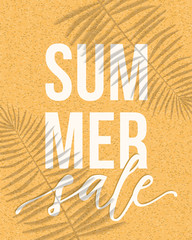 Vector summer sale banner design with realistic shadows of palm leaves on sand background. Illustration with trendy transparent shadow overlay effect.
