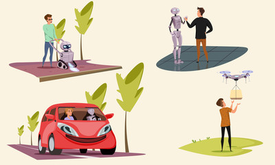Robots in human life vector illustration set