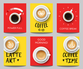 Vector set of modern posters with coffee backgrounds. Trendy templates with realistic cups for flyers, banners, invitations, restaurant or cafe menu design