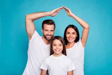 Daddy mommy and little lady under protection on arms roof wear casual outfit isolated blue background