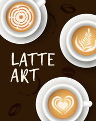 Vector illustration with realistic white cups with coffee. Collection of Latte art top view