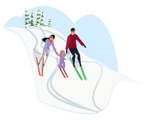 Obraz na płótnie Canvas Family skiing flat vector illustration