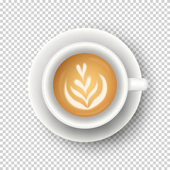 Vector realistic illustration of coffee cup. Top view of realistic hot morning beverage. 3d template of mug with latte for cafe menu design, banner, poster