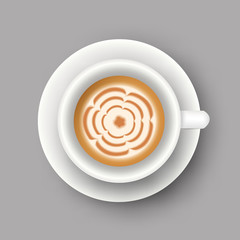 Vector realistic illustration of coffee cup. Top view of realistic hot morning beverage. 3d template of mug with latte for cafe menu design, banner, poster