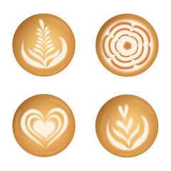 Vector set with realistic coffee latte art top view: tulips, hearts, flowers