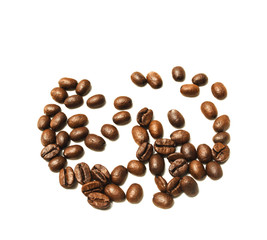 Roasted coffee beans isolated on white background.