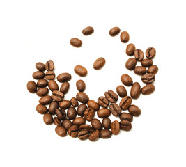 Roasted coffee beans isolated on white background.