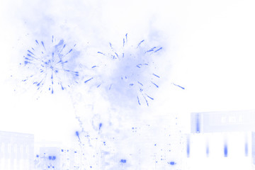 Stylized fireworks photography, gray-blue on white. With modern building on background.