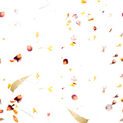 Seamless autumn pattern. A repeat print with scattered dry leaves and petals on a white background