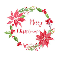 Watercolor Christmas wreath poinsettia plant, tree, berries.