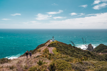 Cape Reinga, Northland, New Zealand. Beautiful landscape scenery of the mountain meadow and blue sky.