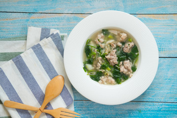 Soup with minced pork mushroom and gourd vegetable