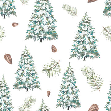 Watercolor Christmas tree seamless pattern. Holiday wallpaper with snow covered trees, pine cones, spruce branches on white background.