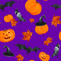 Seamless Halloween pattern on a purple background, watercolor symbols: jack-o-lantern, pumpkins, bat, raven, witch's hat, golden autumn maple leaf. hand-drawn elements.